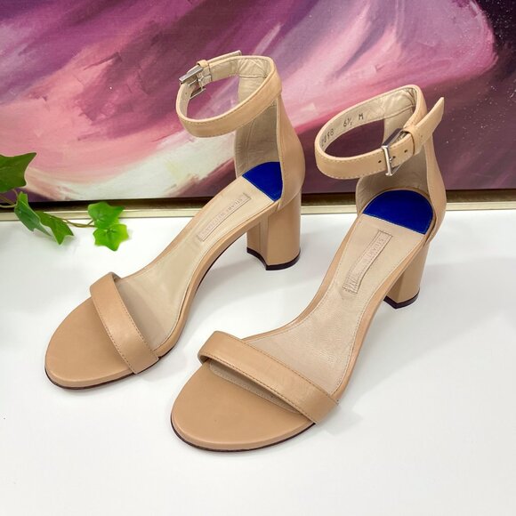 Stuart Weitzman 75 LessNudist Leather Ankle Strap Block Heel Sandals in Beige‎ 6 - Picture 8 of 13